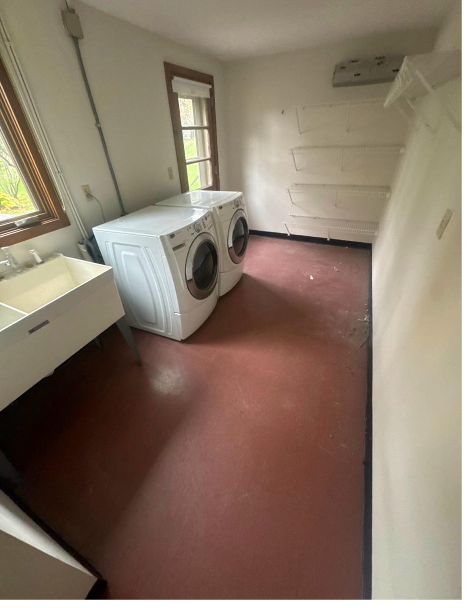 Edina laundry/mudroom before — red VCT floor