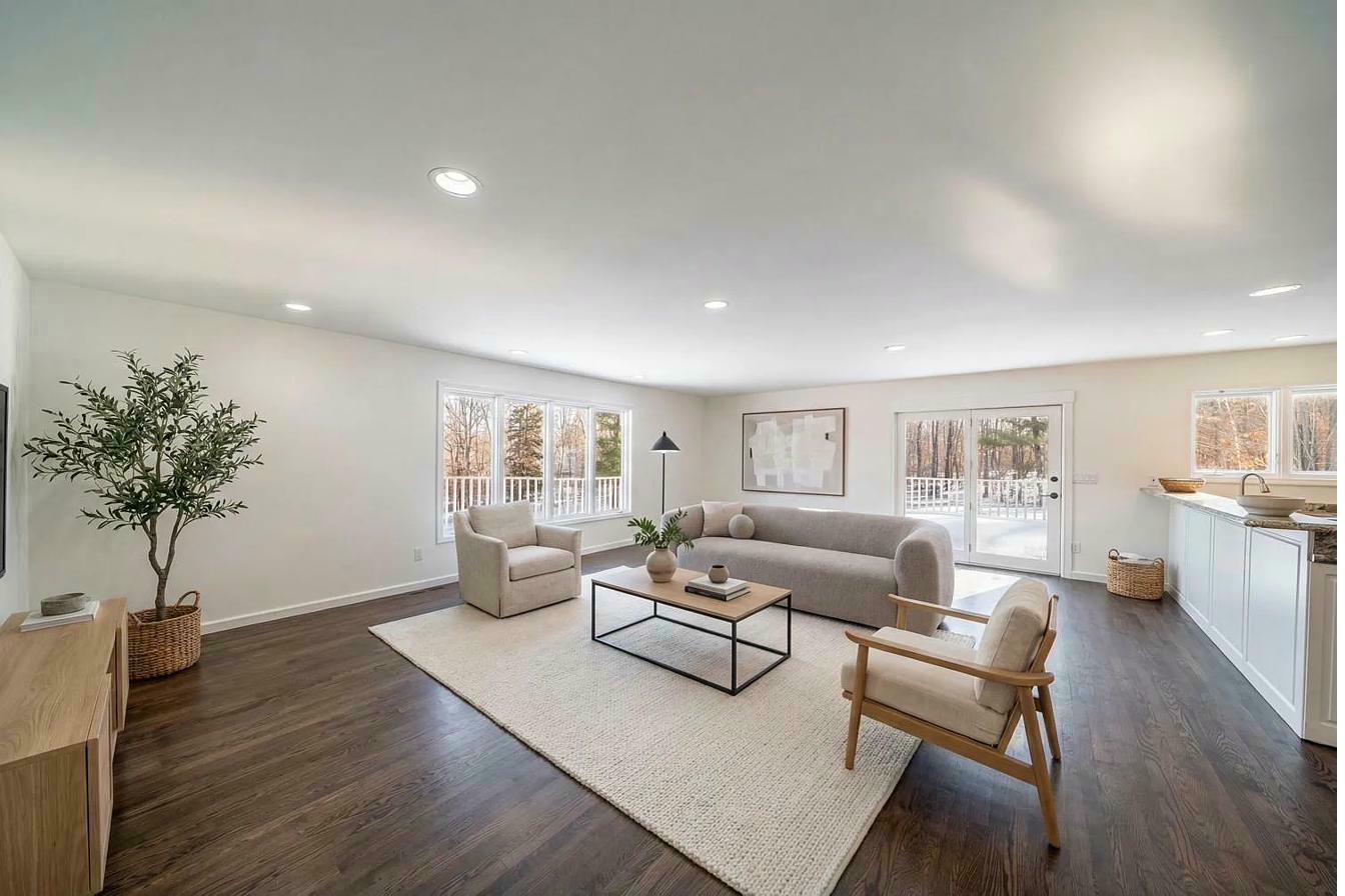 Living room renovation — hardwood floors, recessed lighting