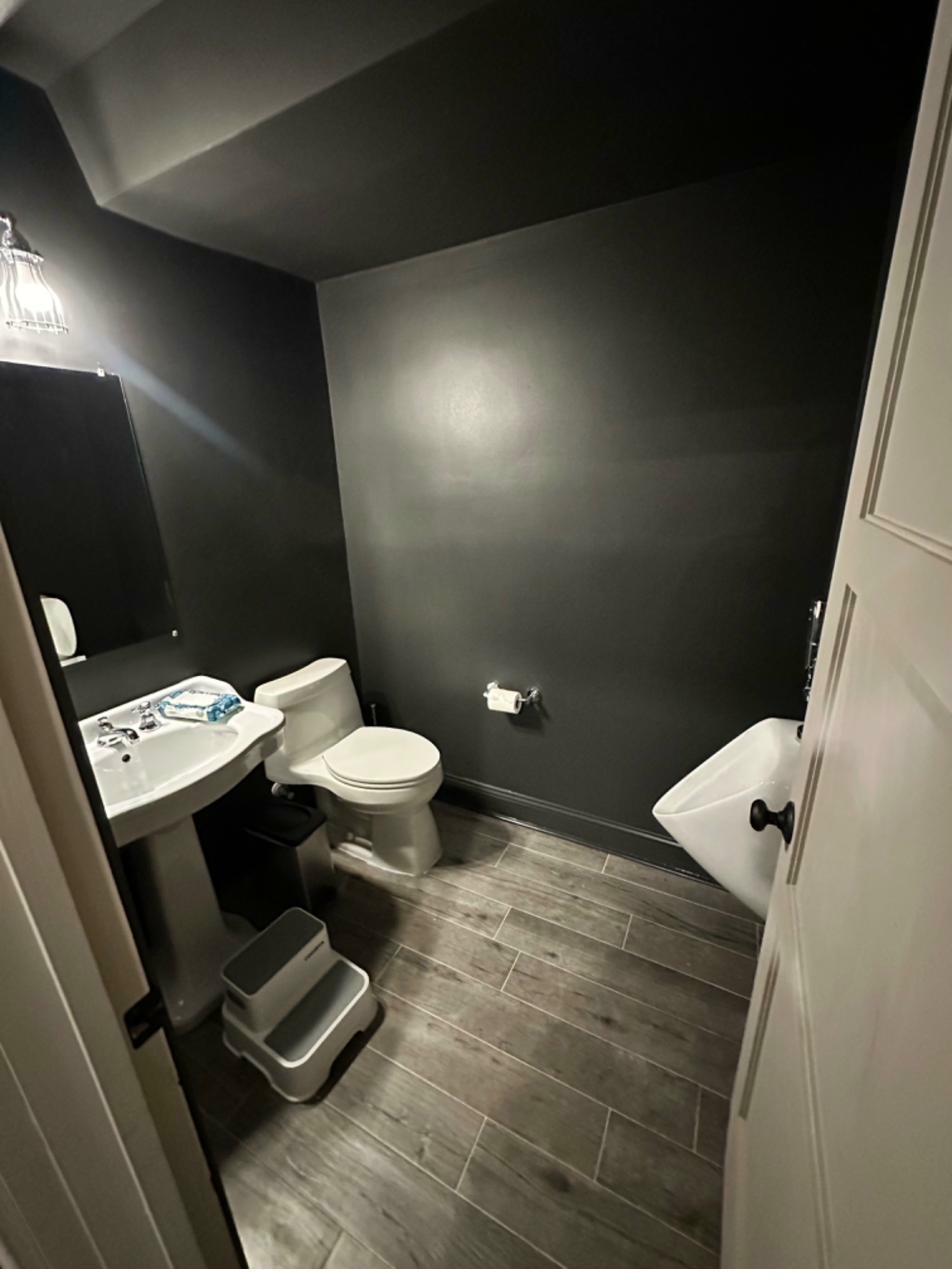 Basement powder bath after — Iron Ore color drench, automated urinal, chrome fixtures